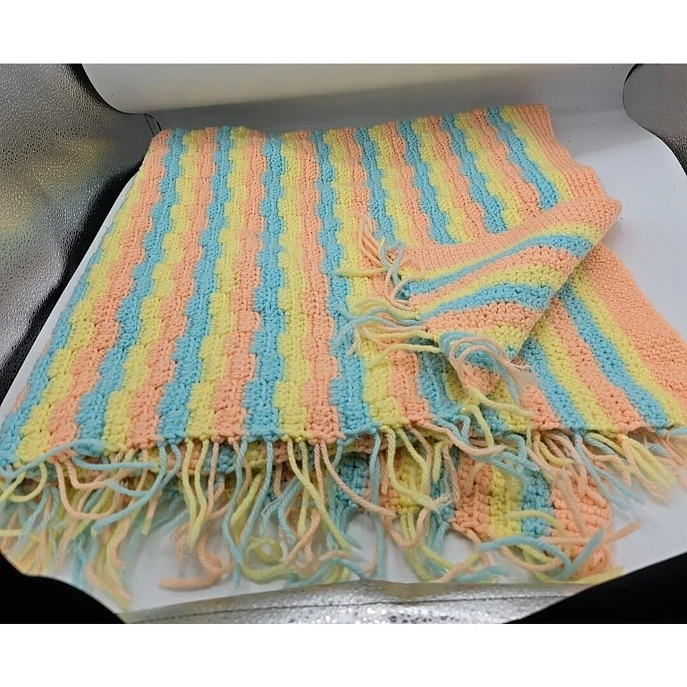 Vintage Multicolor Striped Crochet Colorful Fringe Throw‎ Blanket Size 36.5